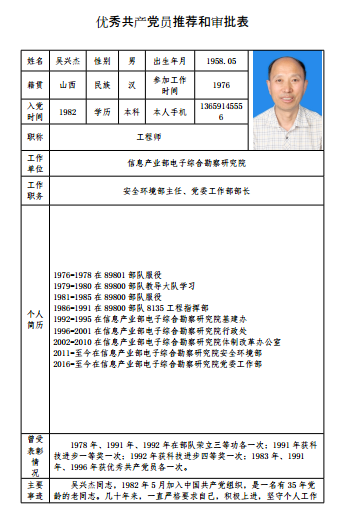 中共信息產業部電子綜合勘察研究院委員會-吳興杰同志先進事跡材料